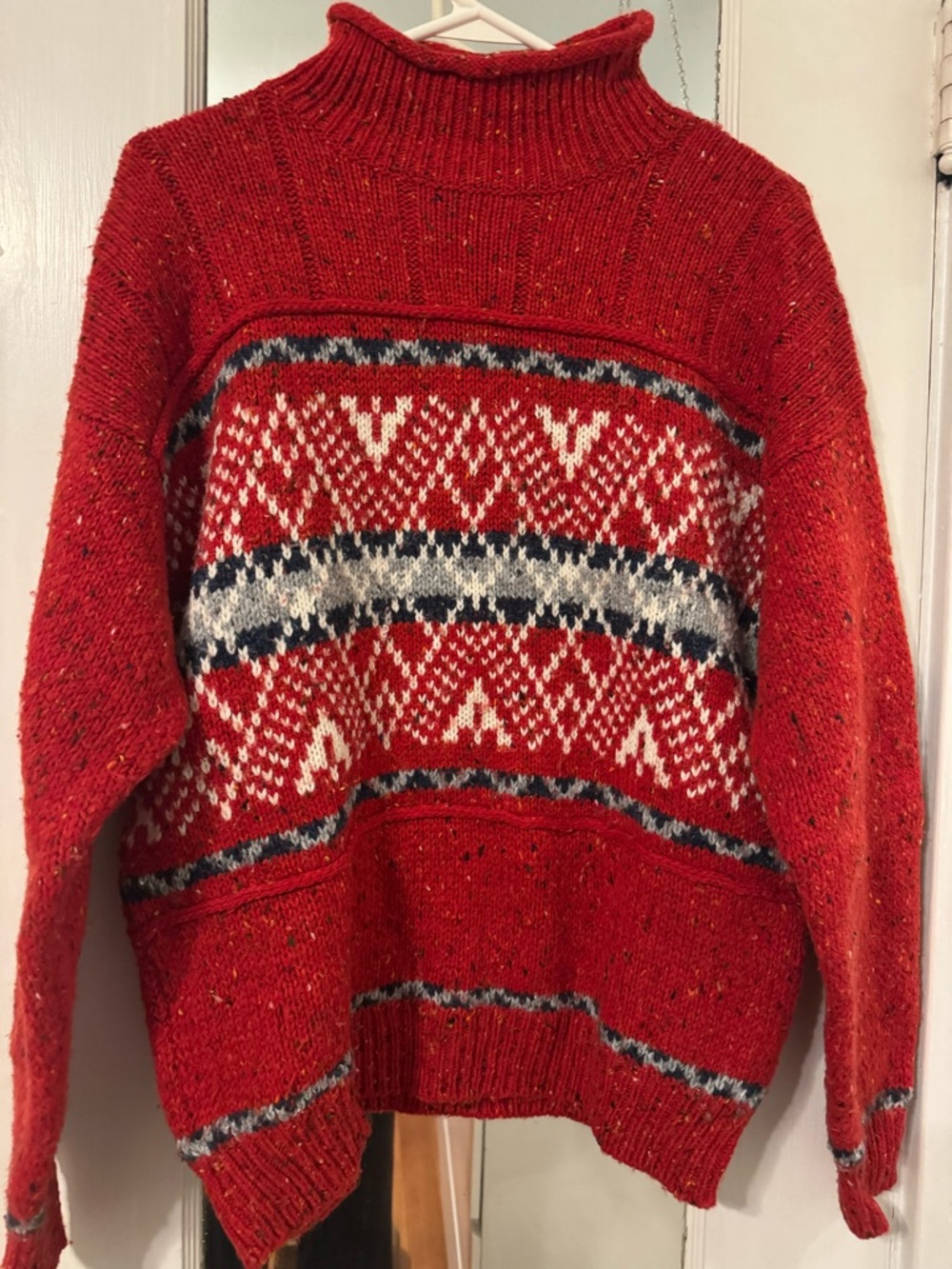 Vtg Lizwear Red Fair Isle Mock Neck Ski Sweater Knit Size M